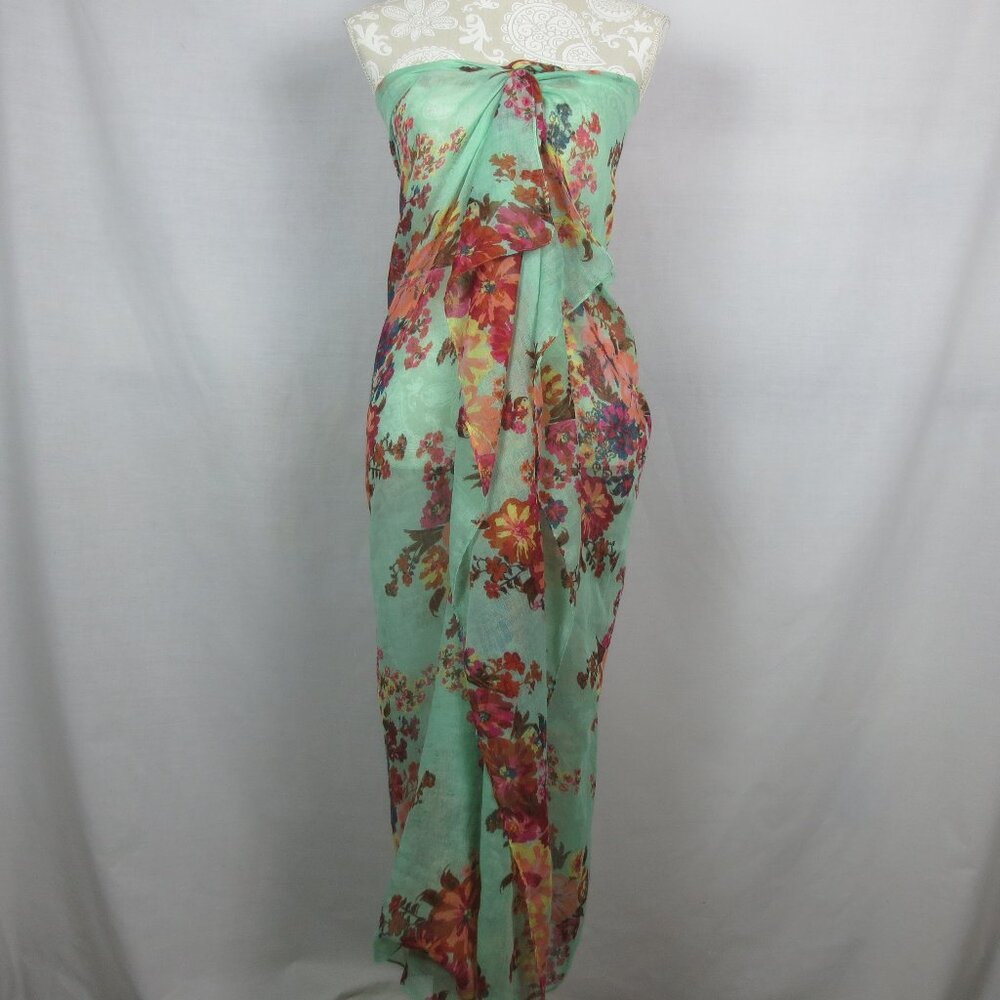 Target Sarong Scarf Green Multicolor Floral Sheer Lightweight Soft OS 45"X74"